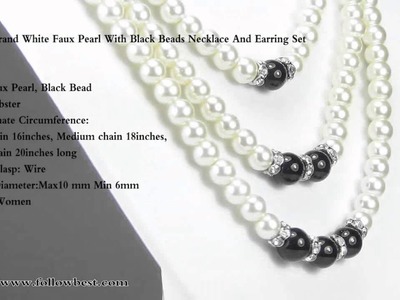 ThreeStrand White Faux Pearl With Black Beads Necklace And Earring Set