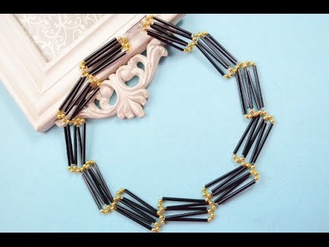 How to Make Ladder Shaped Black Glass Bead Necklace Patterns with Round Gold Beads