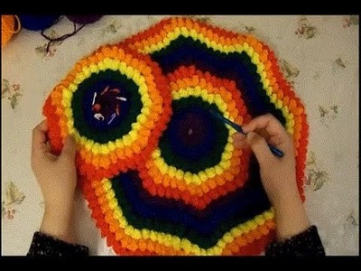 How to Crochet Rounded Table Cover Tutorial, Using rainbow colors and popcorn stitch