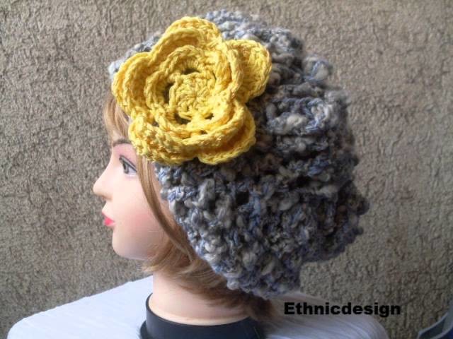 New Crochet Pattern Beret Slouchy Hat and Flower Brooch  number 37