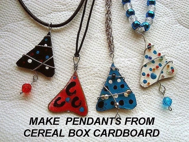 CHRISTMAS TREE PENDANTS FROM CEREAL BOXES. recycled jewelry, diy, make it, how to