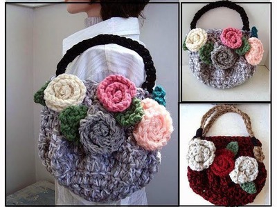 CROCHET PURSE, chunky style bag or purse with flowers, CROCHET PATTERN, how to diy, video tutorial