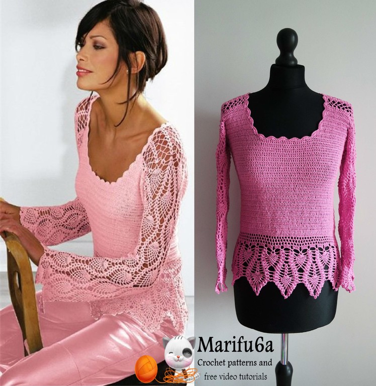 How to crochet pink pineapple lace pullover free tutorial by marifu6a