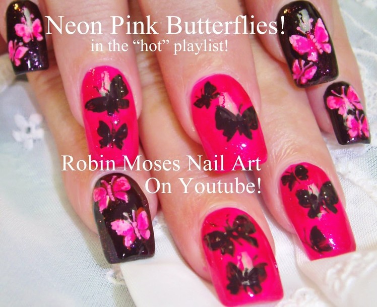 4 Nail Art Tutorials | DIY Mix N Match | Neon Pink & Black Butterfly Design
