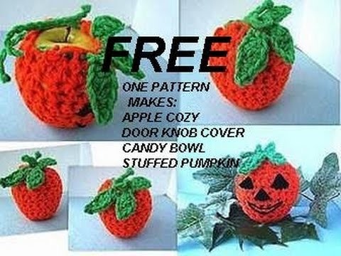 Halloween apple cozy, crochet pattern, door knob cover, candy bowl, stuffed pumpkin table decor.