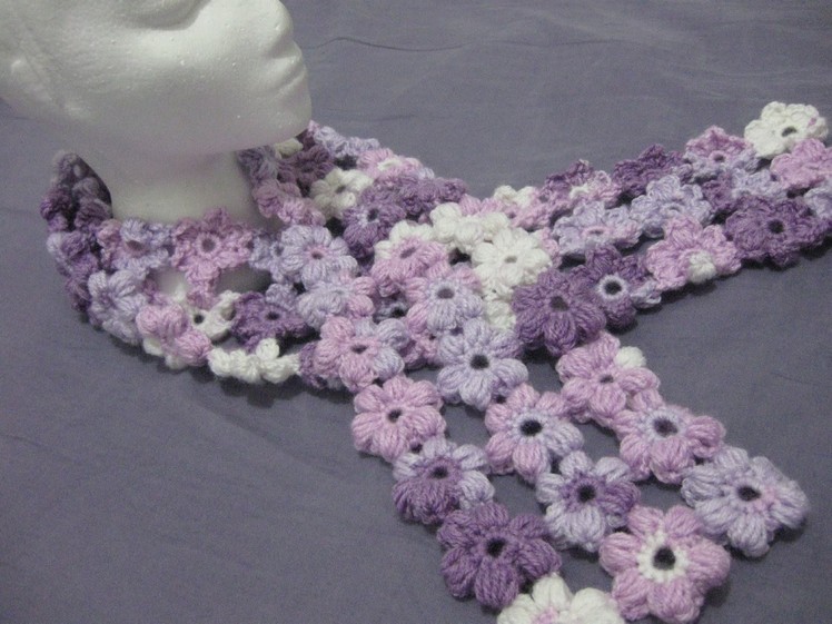 Crochet Puff Stitch Flower Scarf - Left Handed Crochet Tutorial
