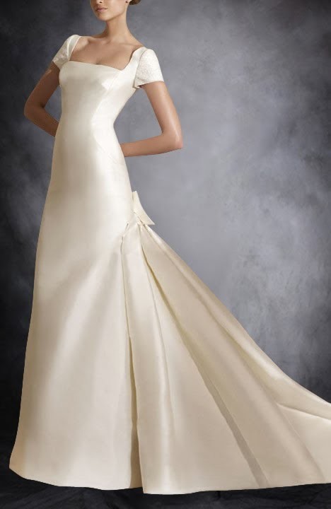 Wedding Dress: Bow Trumpet. Mermaid Square Chapel Train Satin Wedding Gowns (Style Code: 05063)