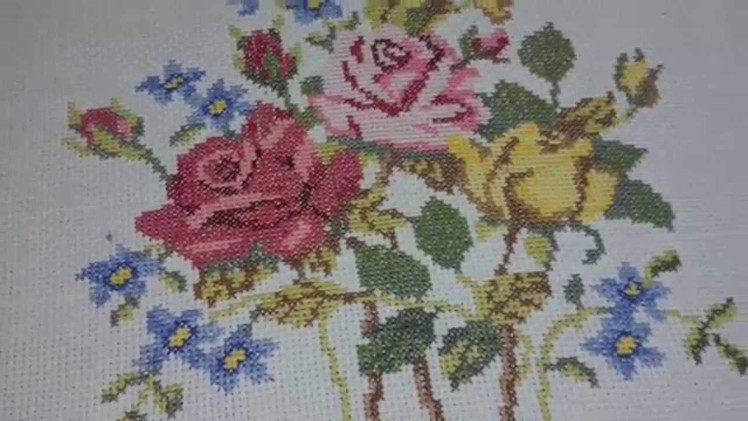 Diy Cross stitch flower on bedsheet
