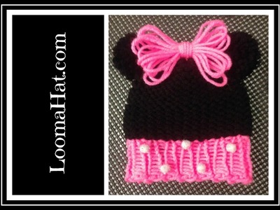 Loom Knit Minnie Mouse Hat on Round Loom - Cute Baby Hat with Pom Pom Animal Ears