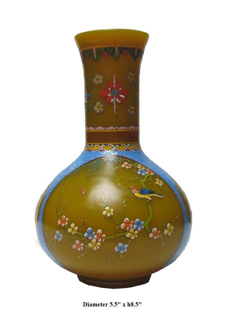 Chinese Imperial Yellow Bird & Flower Hand Painting Peking Glass Vase f924