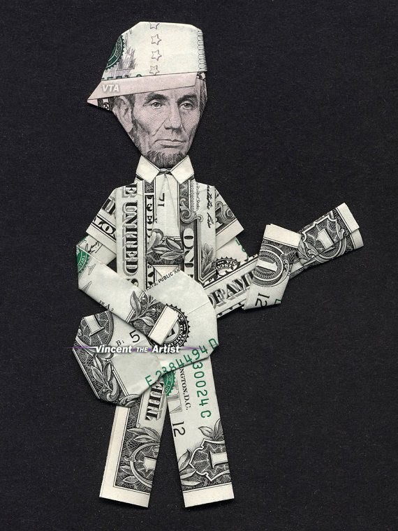 Money Origami Abe Lincoln Playing Guitar - Dollar Bill Art
