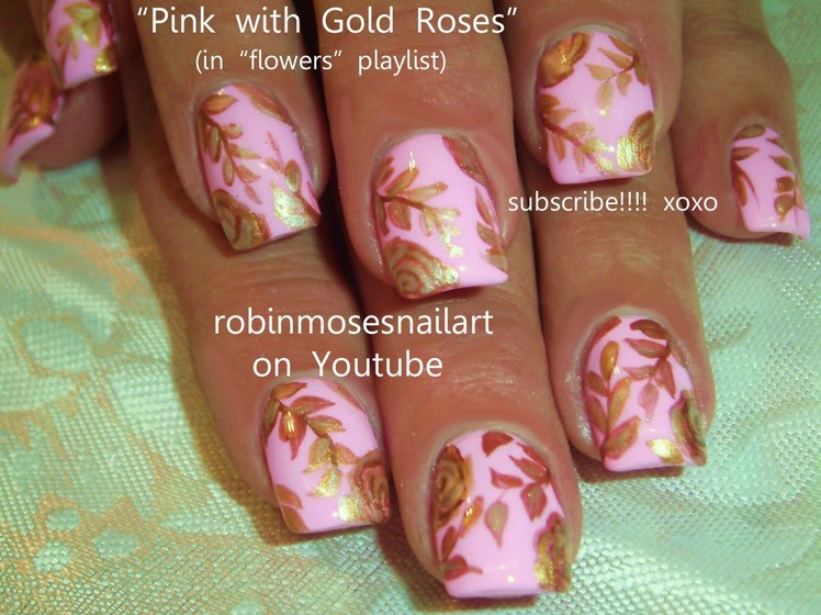 Nail Art Tutorial | DIY Vintage Gold Rose on Light  Pink Nail Design