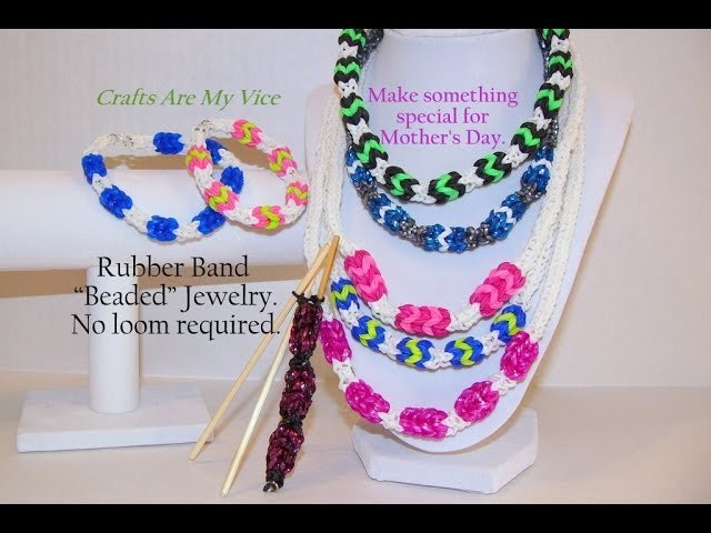 Rubber Band "Bead" Necklace + Bracelet using sticks. Also see Rainbow Loom Design Pattern version.