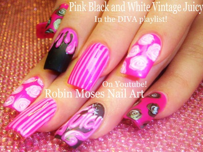 Nail Art Tutorial | Vintage Diva Nails | Pink Black and White Nail Design