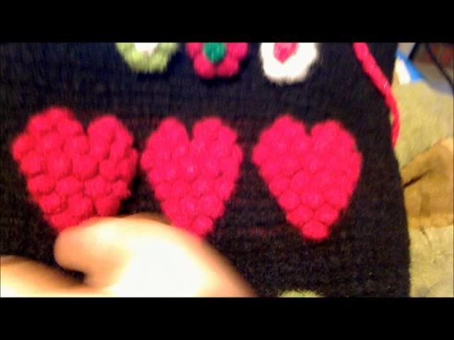 Felted Crochet drawstring tote bag with hearts & flowers