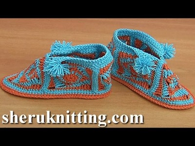 Crochet Square Motif  Booties with Pompoms Tutorial 42 Part 1 of 2 Ganchillo zapatitos