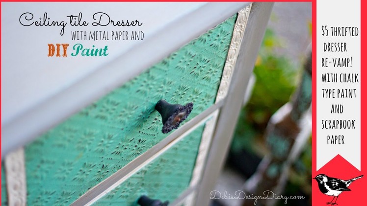 How to paint and distress furniture with metal scrapbook paper and chalk type paint