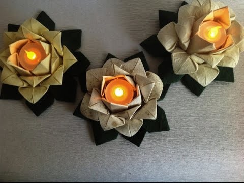 Origami lotus. Candle -Table decoration. 20 petal origami lotus with stamen. Ideas for Easter