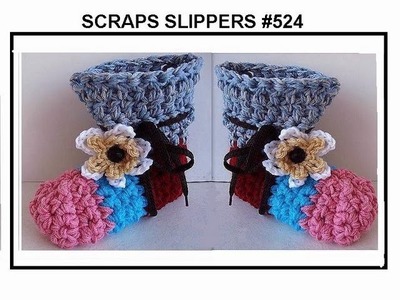 HOW TO CROCHET SCRAPS SLIPPERS, children age 8 to women size 7,