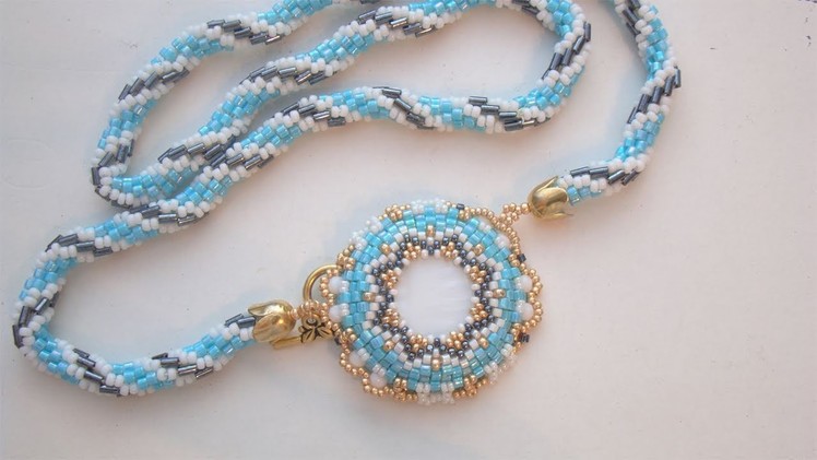 BeadsFriends: Beaded Necklace - Mother of pearl disc bezeled with beads and crochet rope