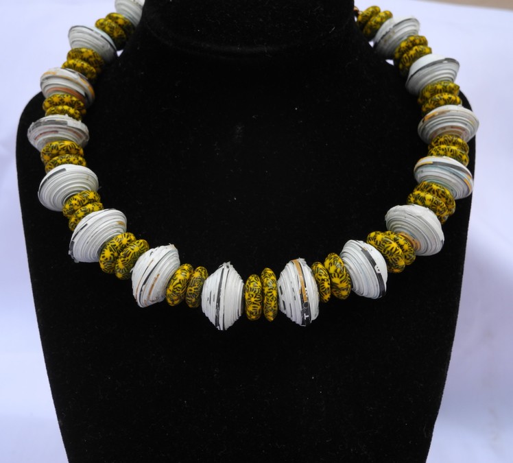 Paper bead  choker necklace (with yellow african beads ) Tutorial