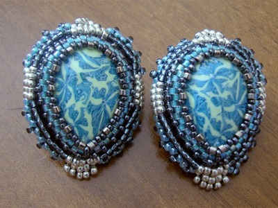 BeadsFriends: Beaded Embroidery Earrings - Post earrings with teardrop polymer clay cabochons