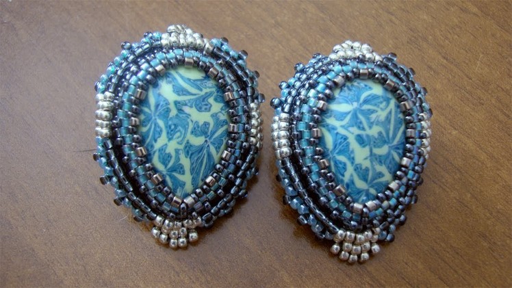 BeadsFriends: Beaded Embroidery Earrings - Post earrings with teardrop polymer clay cabochons