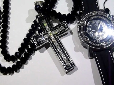 COMBO: $165 "Adjustable" Black Diamond bead type Chain +Floating Stones Watch +Bracelet +Cross! LAB