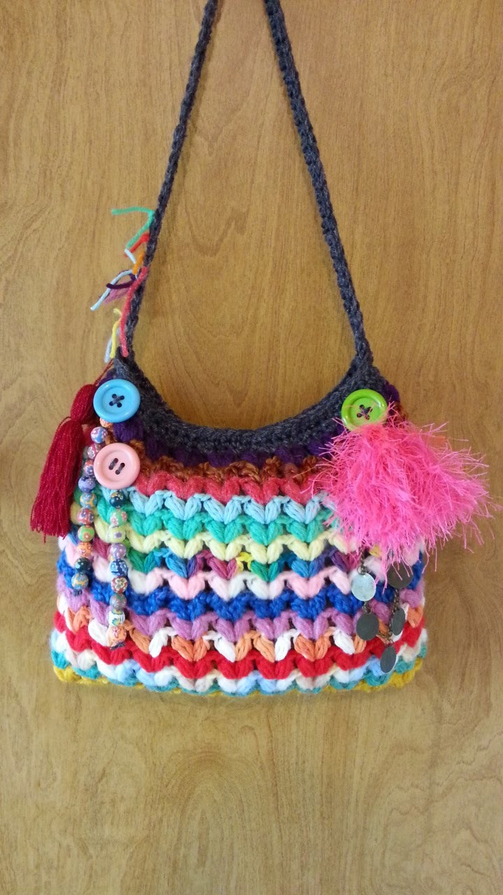 #Crochet Crazy Scrap Yarn Bag with Puffed V Stitch #TUTORIAL DIY FREE CROCHET HANDBAG