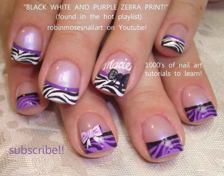 Nail Art Design DIY Purple Zebra Tips with Bows