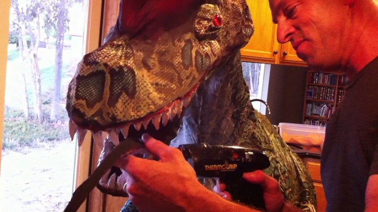Installing the teeth. How to make Best Homemade Dinosaur Costume ever Trex Dilophosaurus DIY