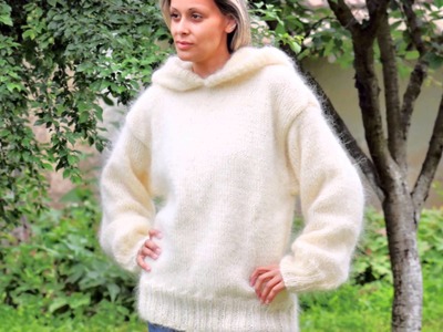 New hand knitted mohair sweater white color hoodie by EXTRAVAGANTZA