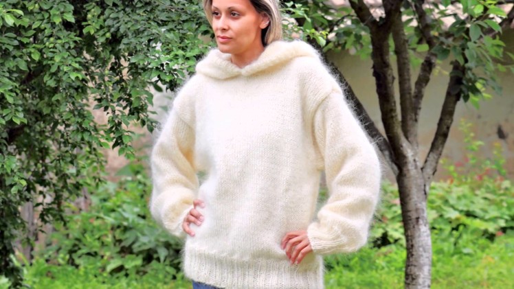 New hand knitted mohair sweater white color hoodie by EXTRAVAGANTZA