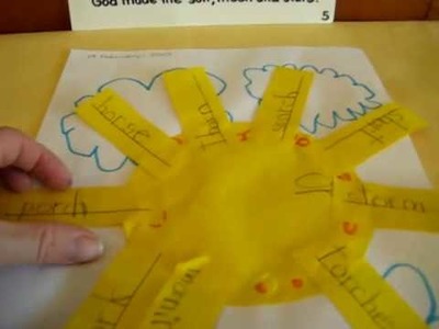 Grade 1 - Language Arts, Bible theme: Creation day 4, spelling words on sun craft.