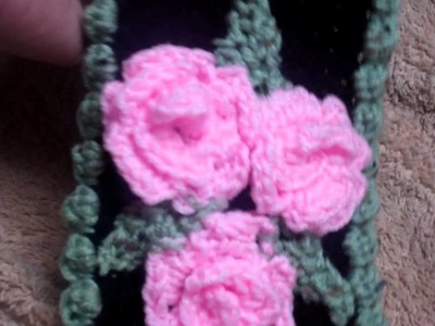 Crochet Beanie and Scarf "Black and Sage Green with a Pink Rose"