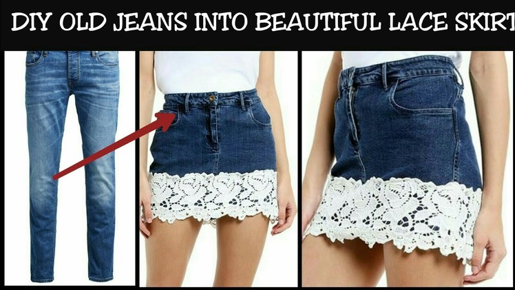 DIY CONVERT OLD JEANS INTO LACE HEM SKIRT IN 2 MINUTES~