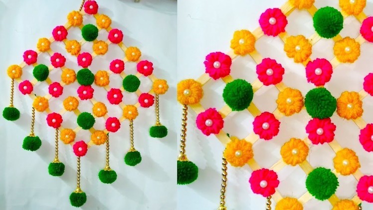 DIY ICE CREAM STICKS & WOOL FLOWER WALL HANGING TORAN FOR ROOM AND HOME DECORATION