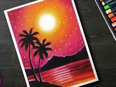 How to Draw scenery sunset with oil pastel step by step