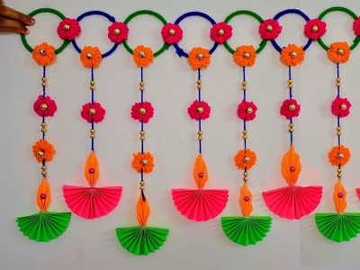 Wall hanging Toran for Diwali | Deepawali home decoration craft from paper Diya and wool