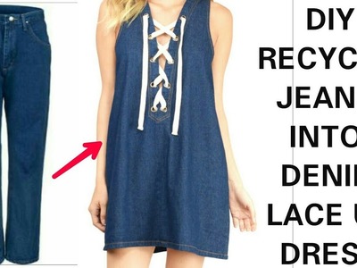 DIY : Convert.Reuse Men's Jeans into LACE UP DENIM DRESS.TOP (HINDI)
