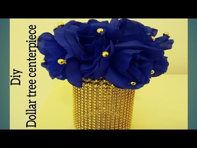 DIY ROYAL BLUE AND GOLD CENTERPIECE.DECOR MADE WITH DOLLAR TREE ITEMS AND RECYCLED GLASS BOTTLE VASE