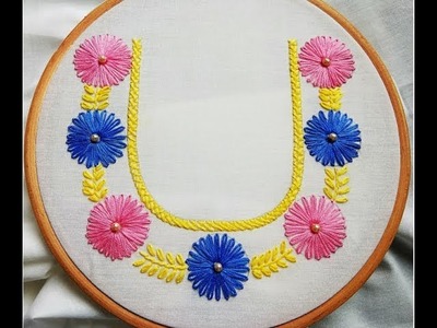 Hand Embroidery : Neckline Embroidery For Kurtis.Kameez | Lazy Daisy Stitch For Beginners