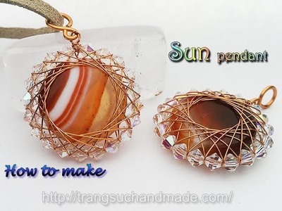 Sun pendant with big flat round stone no holes and small crystal 366