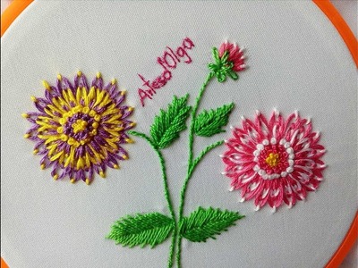 Dahlia Flower Embroidery | Double Color Lazy Daisy Stitch | Dalias bordadas a mano | Artesd'Olga