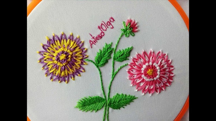 Dahlia Flower Embroidery | Double Color Lazy Daisy Stitch | Dalias bordadas a mano | Artesd'Olga