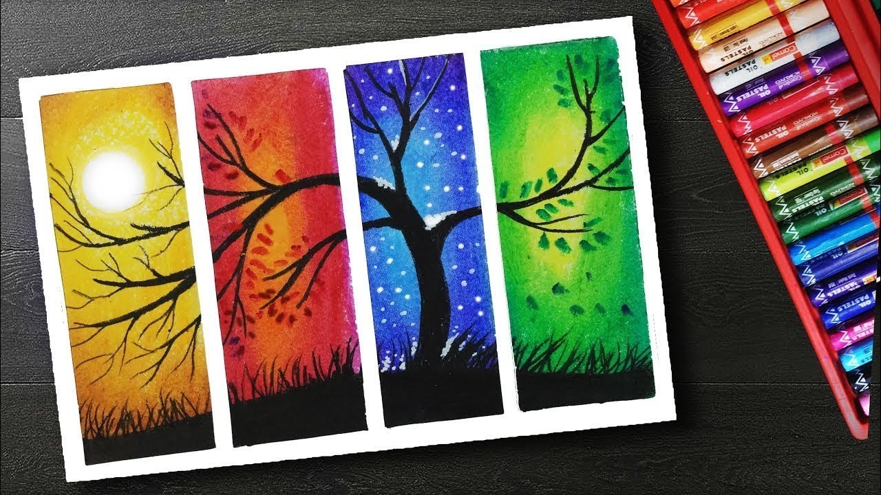  How to Draw  Four Season Scenery drawing  with oil  pastels  