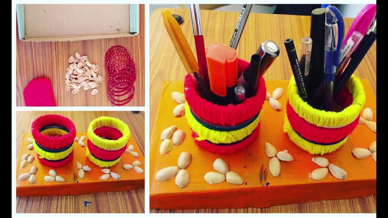 Amazing DIY Pen stand craft using old bangles and pistachio shells
