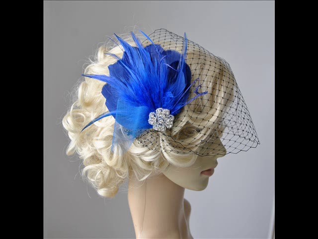 Blue Feather Fascinator with veil - Feather Hair Clip DIY , 1920s headpiece