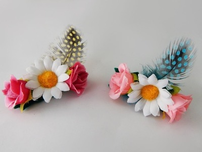 Hair barrette with silk flowers and feather DIY Haarspange mit Blumen und Feder