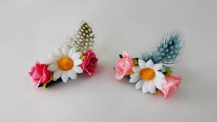 Hair barrette with silk flowers and feather DIY Haarspange mit Blumen und Feder